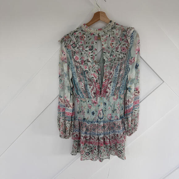 Hemant & Nandita Floral Print Vacation Mini Dress with Pearl Collar Fairy Dress - Picture 6 of 7